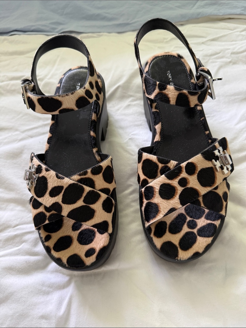 Tory Burch Leopard Print Platform Sandals in Tan and Black